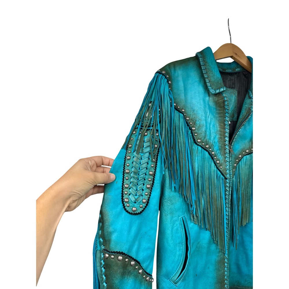 Gamino Turquoise Leather Fringe Western Jacket Studded Boho Whipstitch XL - Picture 4 of 12